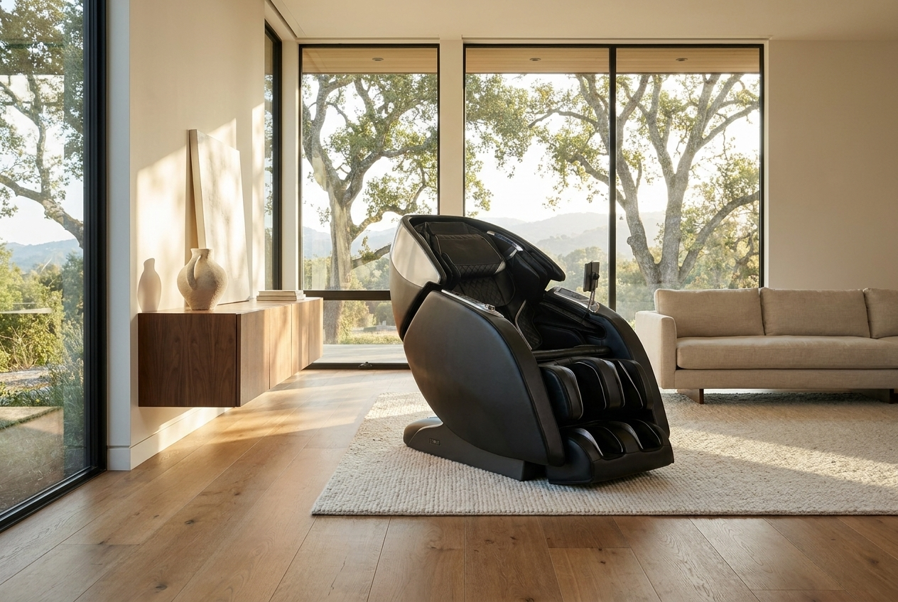 A premium massage chair in a sunlit Silicon Valley living room