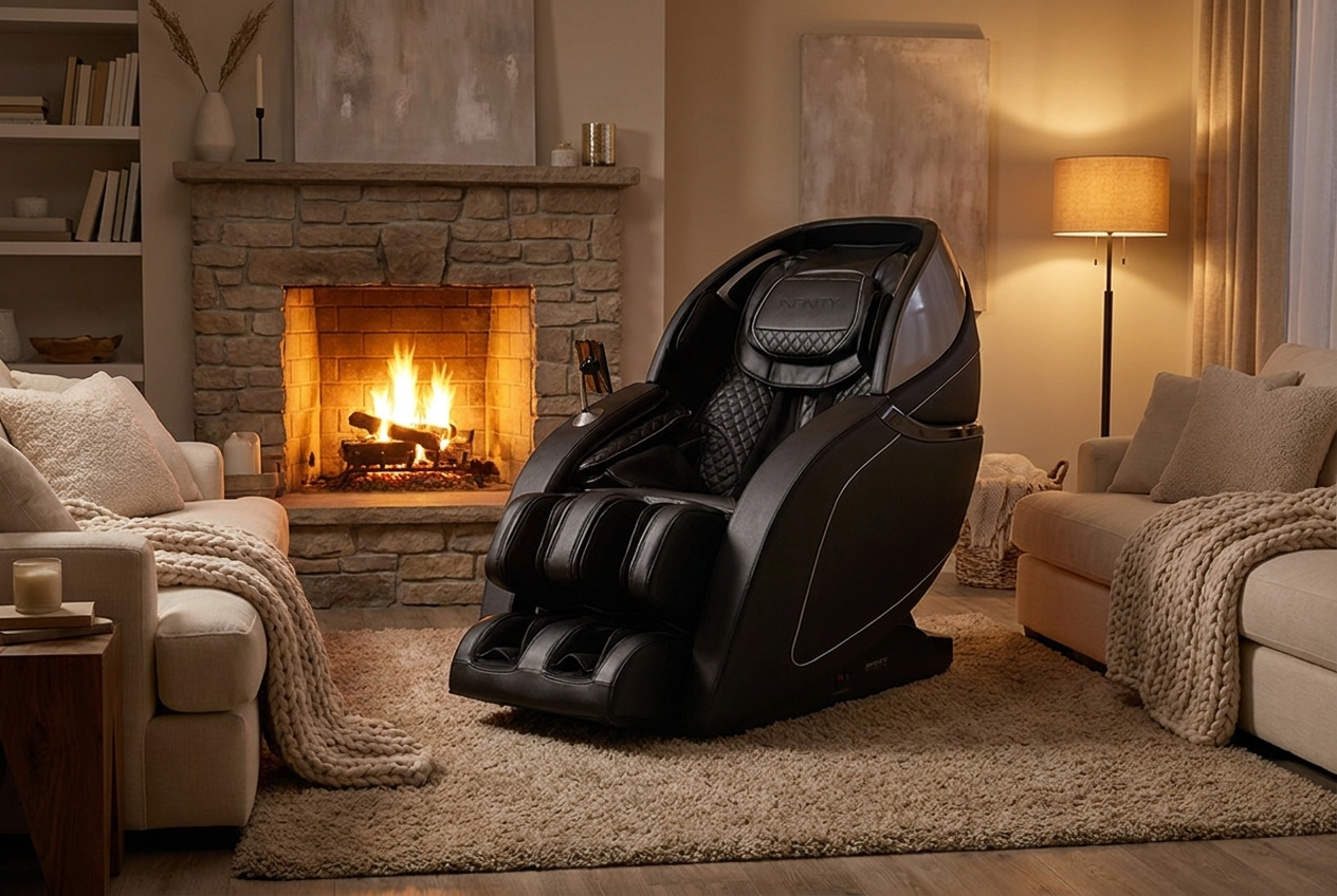 A massage chair in a warm evening living room