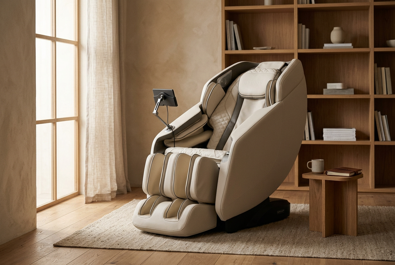 A massage chair in a calm, sunlit study