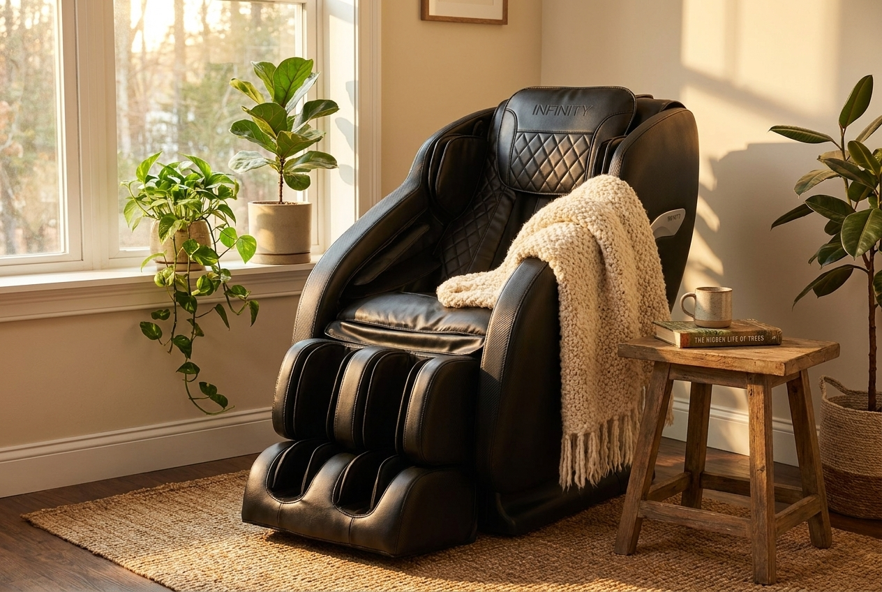 A massage chair in a warm home corner at golden hour