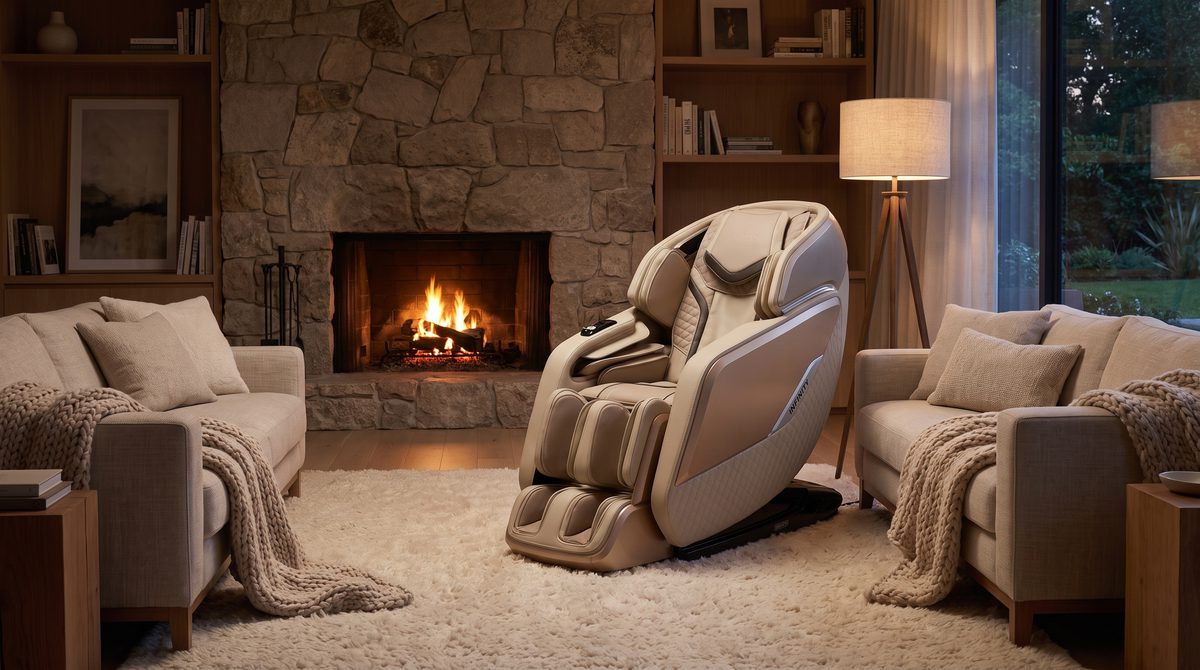 A premium massage chair by a fireplace in a warm evening living room