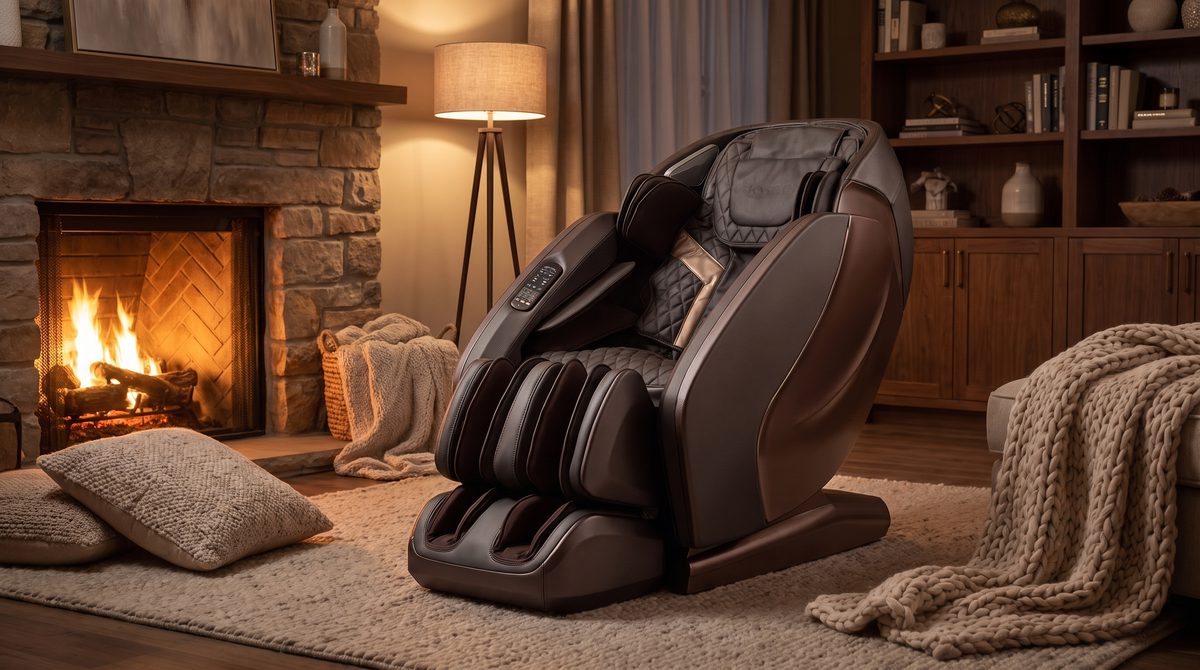 A premium massage chair by a fireplace in a warm evening living room