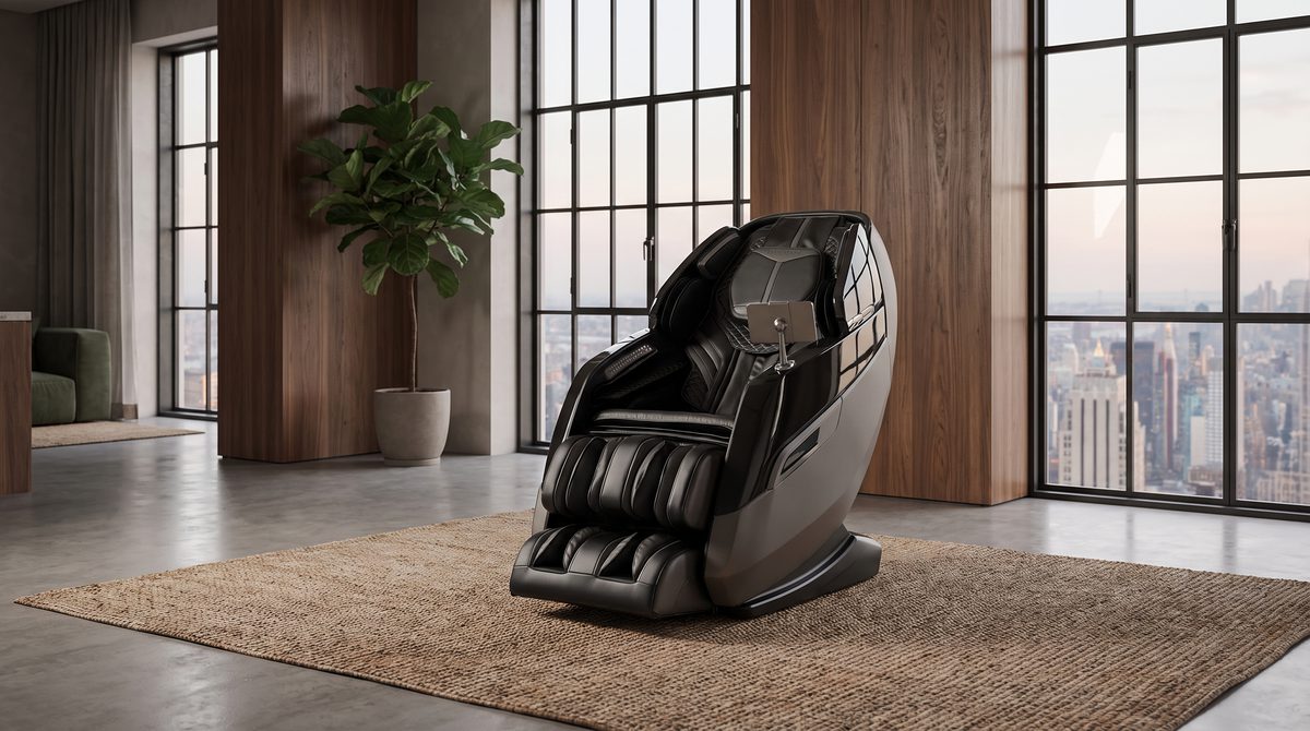 A premium massage chair by a glowing fireplace in the evening