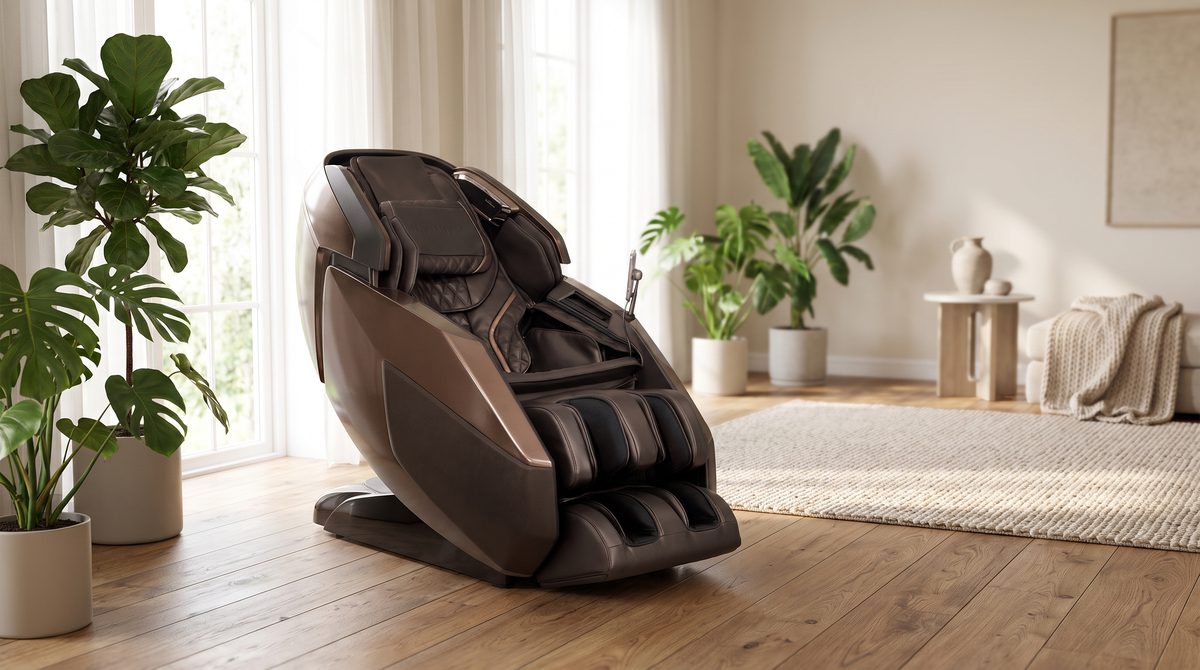 A premium massage chair in a serene spa-like room