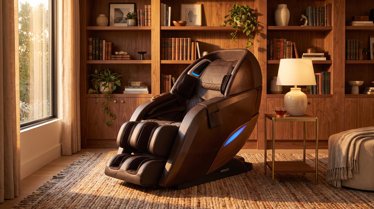 A luxury massage chair in an elegant reading nook