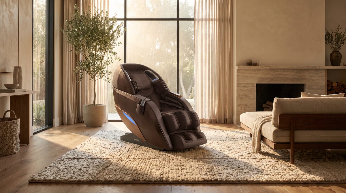 A premium massage chair in a warm contemporary living room