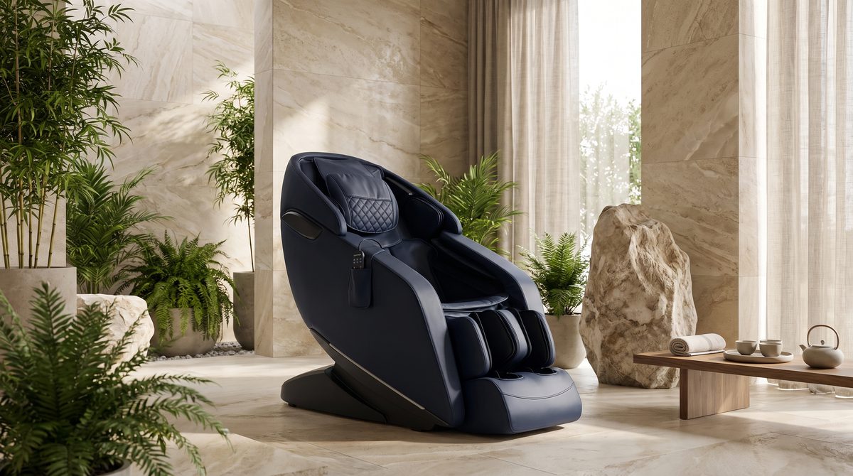 A luxury massage chair in a serene spa-like room