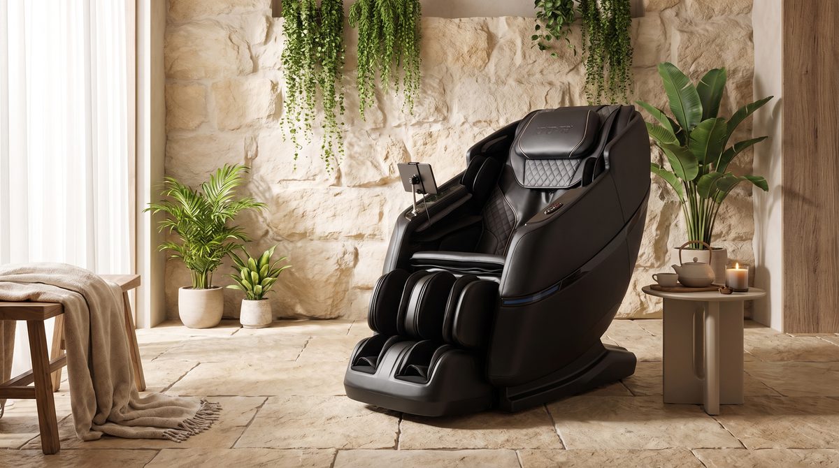 A luxury massage chair in a serene spa-like room