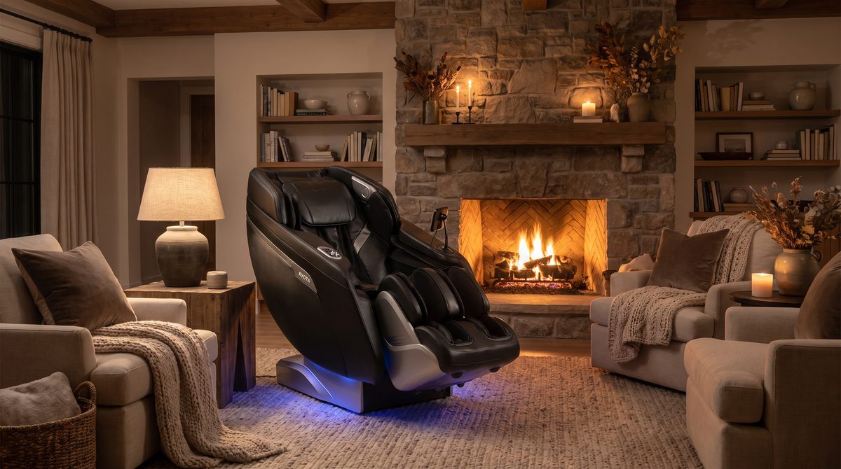 A premium massage chair by a fireplace in a warm evening living room