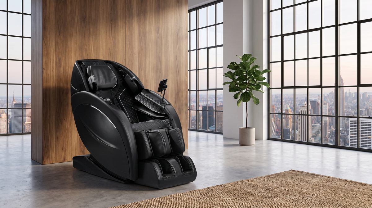 A luxury massage chair in a modern minimalist loft