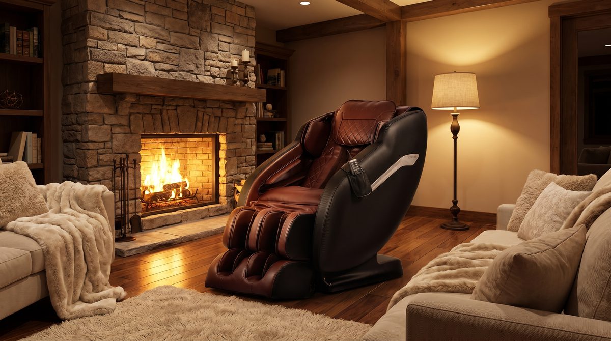 A luxury massage chair by a fireplace in a warm evening living room