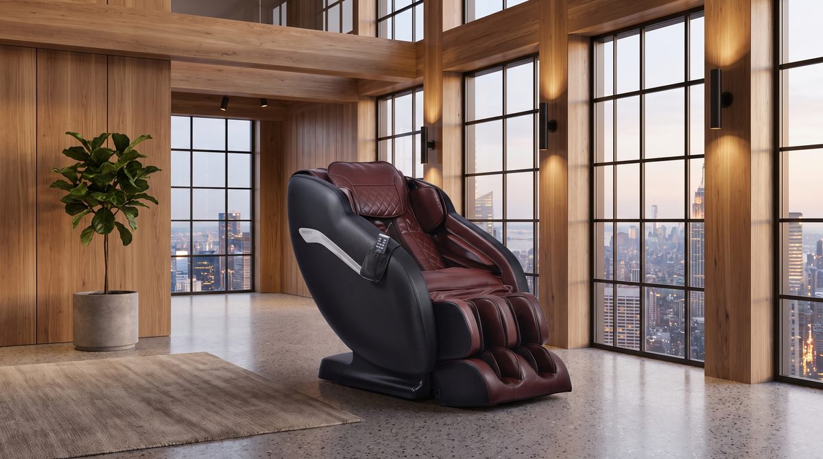 A premium massage chair in a modern minimalist loft