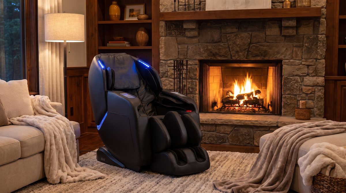 A premium massage chair by a fireplace in a warm evening living room