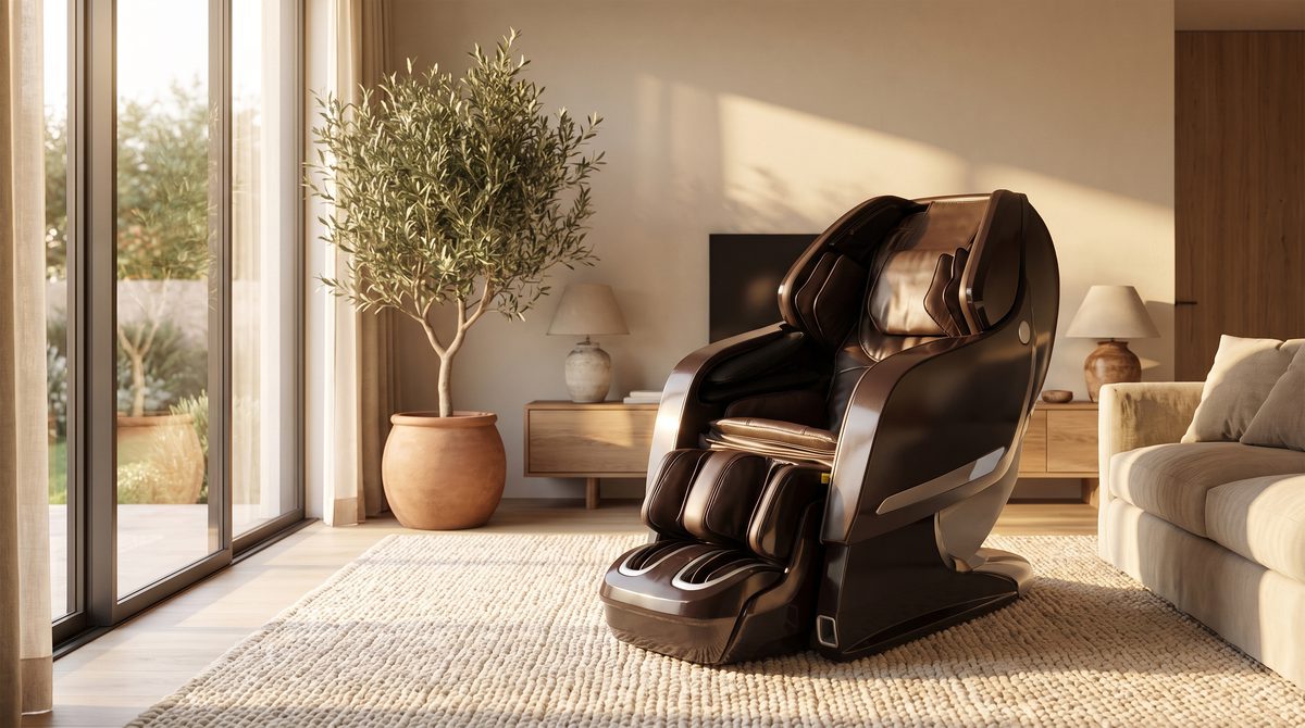 A premium massage chair in a warm contemporary living room