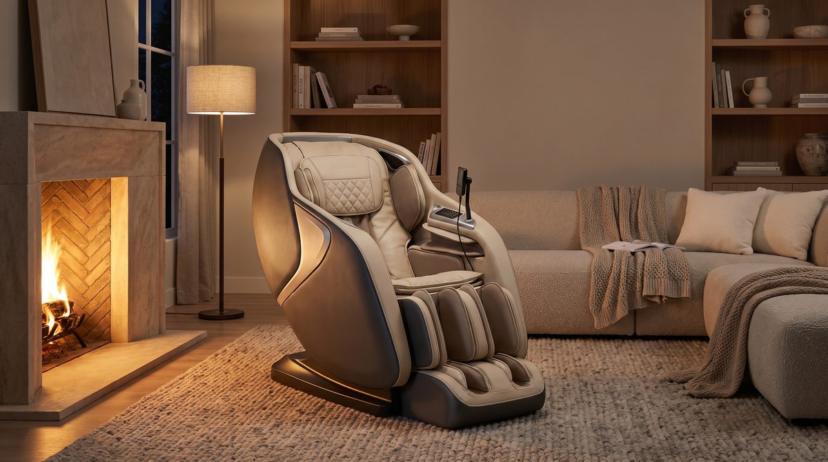 A premium massage chair by a fireplace in a warm evening living room
