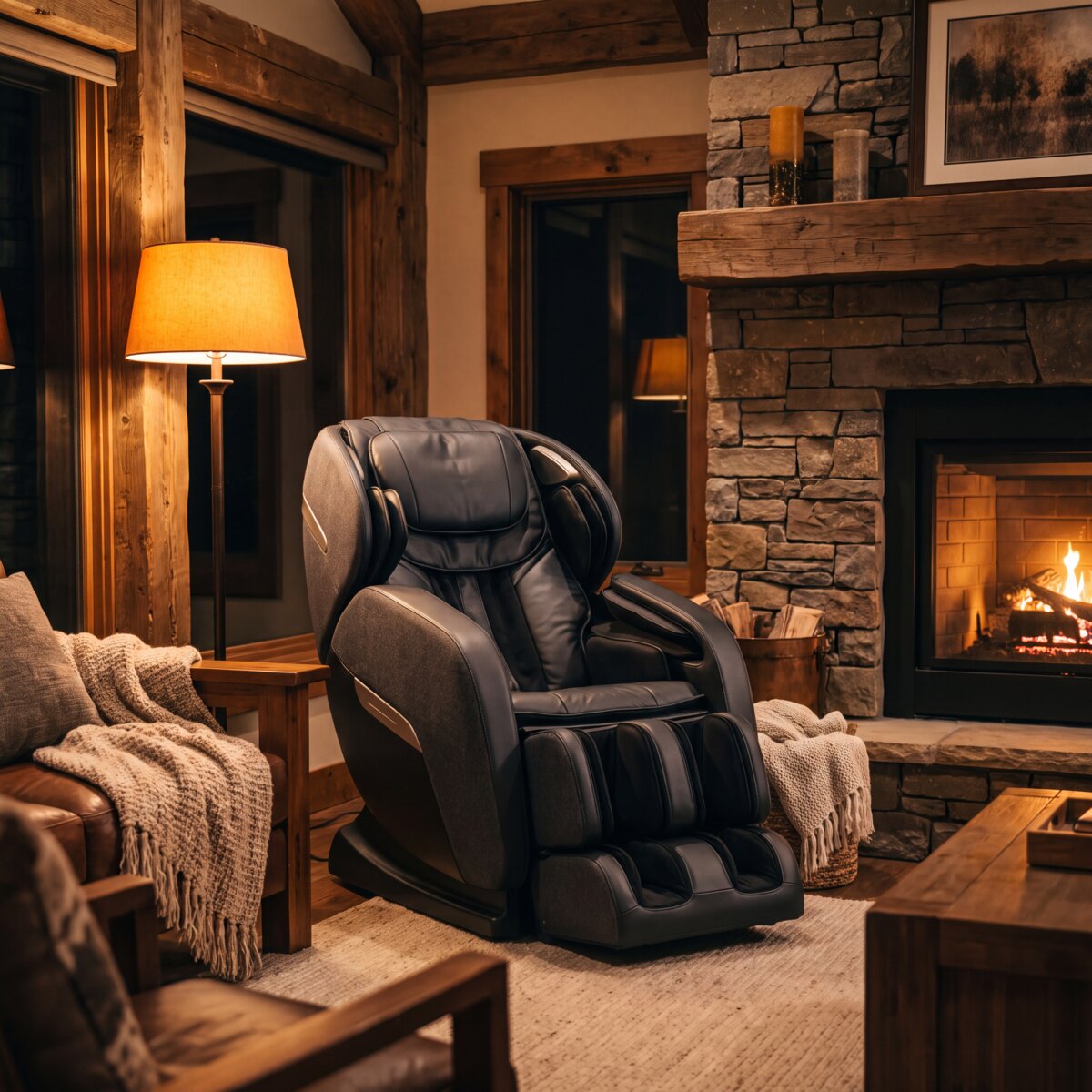 Dark massage chair by a stone fireplace in a cozy cabin at night